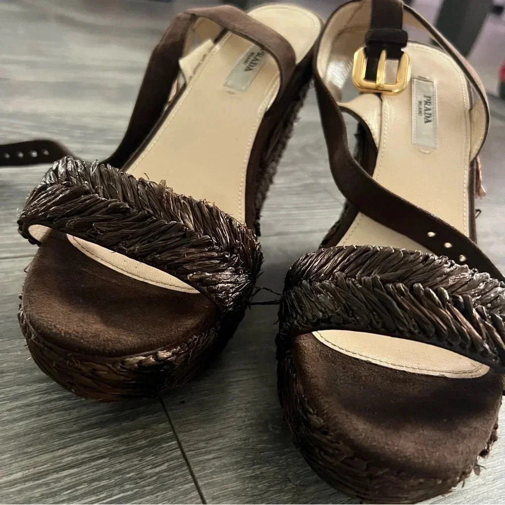 Prada Raffia Wedge Sandals - Picture 4 of 10
